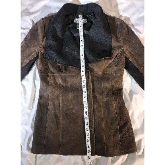 Worth Women's Brown Leather and Grey Wool Accents Core Coat - Picture 5 of 8